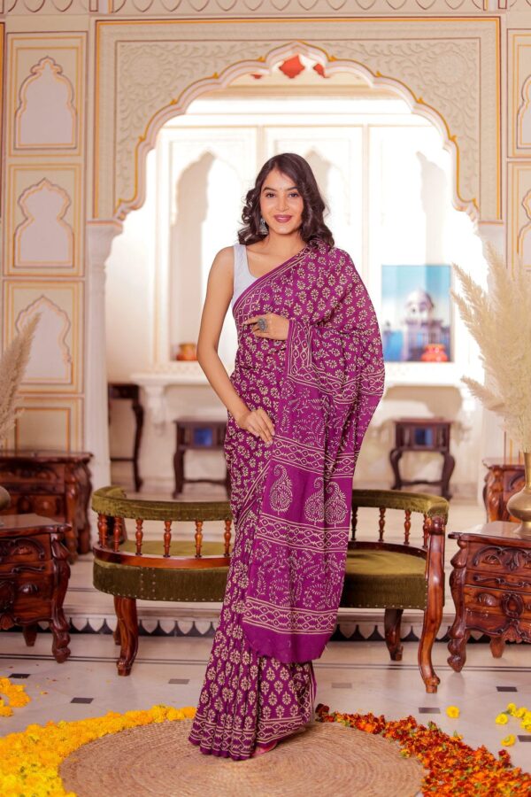 Elegant Handblock Printed Ready-to-Wear Linen Saree With Unstitched Blouse
