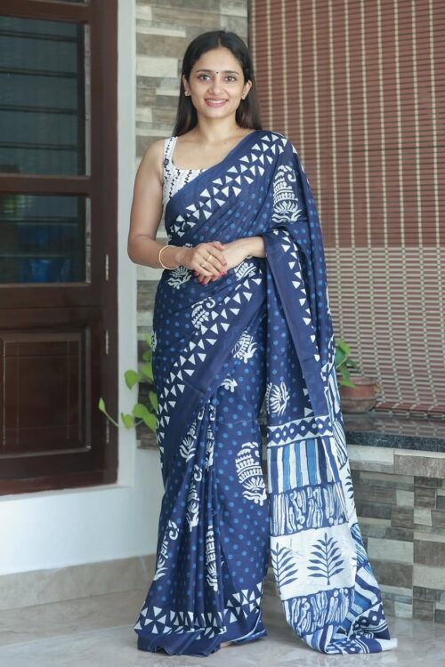 Elegant Navy Blue & White Handblock Print Ready-to-Wear Linen Saree