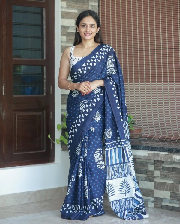 Elegant Navy Blue & White Handblock Print Ready-to-Wear Linen Saree