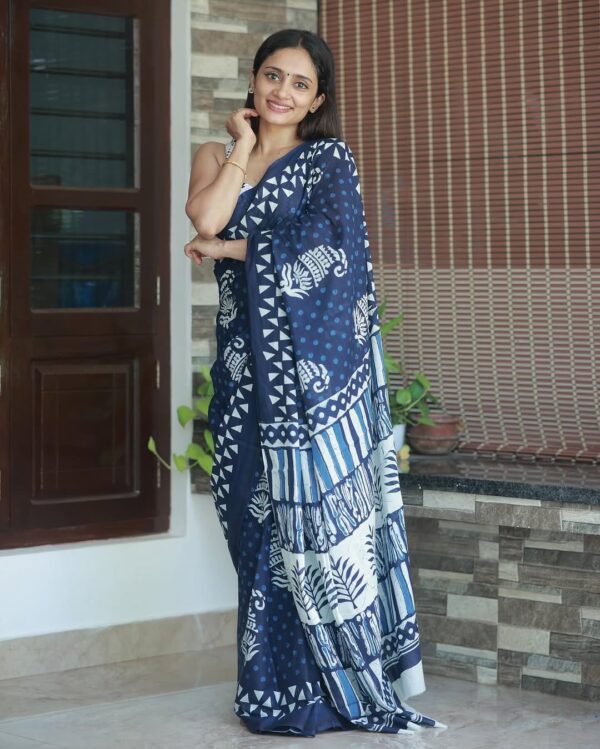 Elegant Navy Blue & White Handblock Print Ready-to-Wear Linen Saree - Image 2