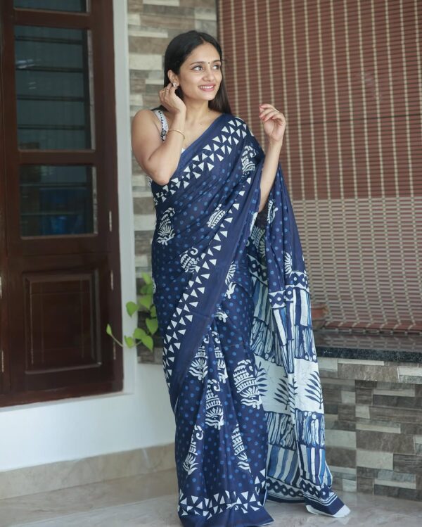 Elegant Navy Blue & White Handblock Print Ready-to-Wear Linen Saree - Image 4
