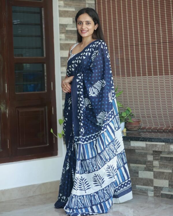 Elegant Navy Blue & White Handblock Print Ready-to-Wear Linen Saree - Image 5