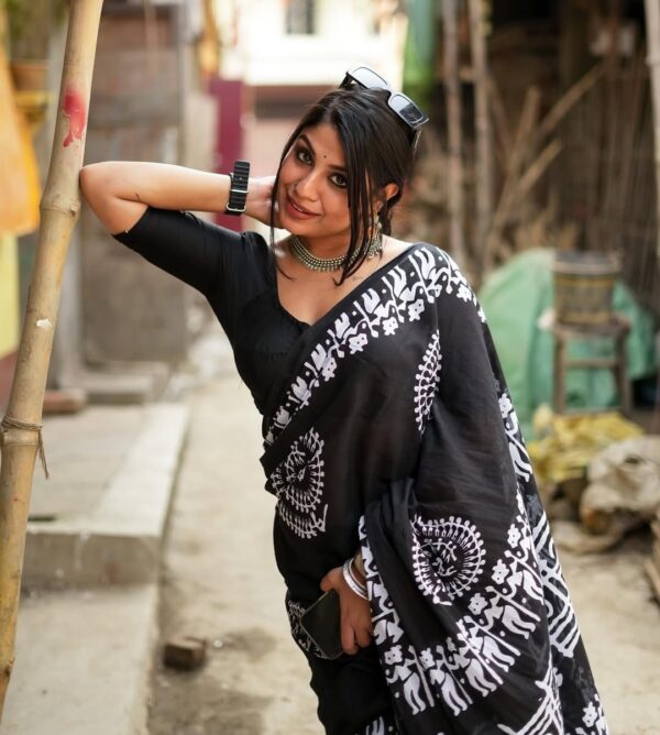 Black Warli Print Ready-to-Wear Soft Linen Silk Saree – Unstitched Blouse - Image 3