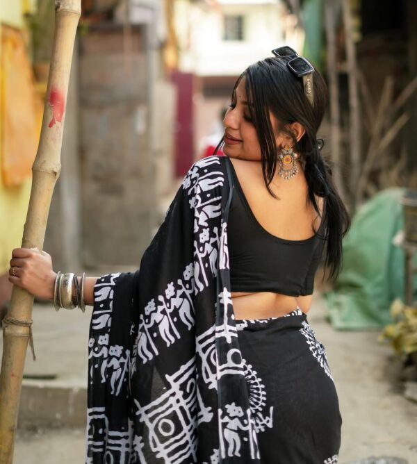 Black Warli Print Ready-to-Wear Soft Linen Silk Saree – Unstitched Blouse - Image 2