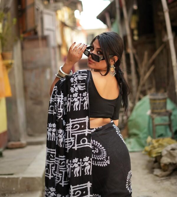 Black Warli Print Ready-to-Wear Soft Linen Silk Saree – Unstitched Blouse - Image 4