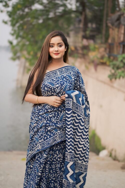 Indigo Blue Ready-to-Wear Soft Linen Silk Saree Traditional Block Print with Unstitched Blouse