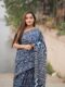 Indigo Blue Ready-to-Wear Soft Linen Silk Saree Traditional Block Print with Unstitched Blouse