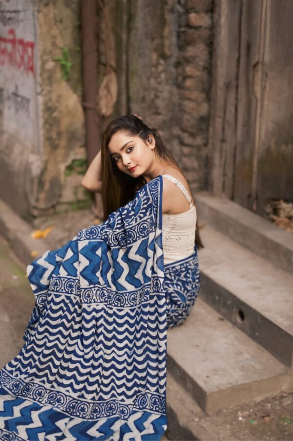Indigo Blue Ready-to-Wear Soft Linen Silk Saree Traditional Block Print with Unstitched Blouse - Image 2