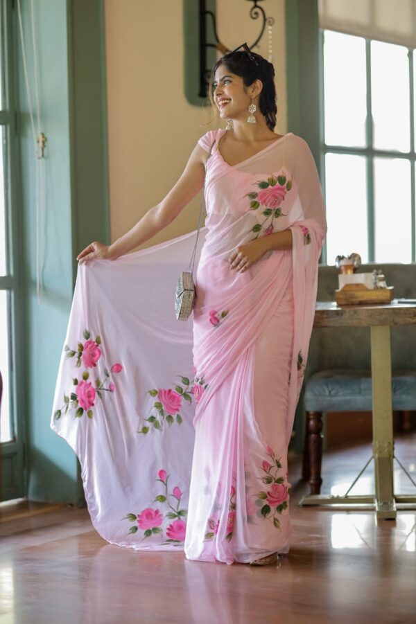 Pastel Pink Ready-to-Wear Floral Georgette Saree with Unstitched Blouse - Image 3