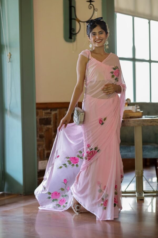 Pastel Pink Ready-to-Wear Floral Georgette Saree with Unstitched Blouse - Image 5