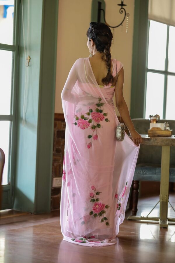 Pastel Pink Ready-to-Wear Floral Georgette Saree with Unstitched Blouse - Image 2