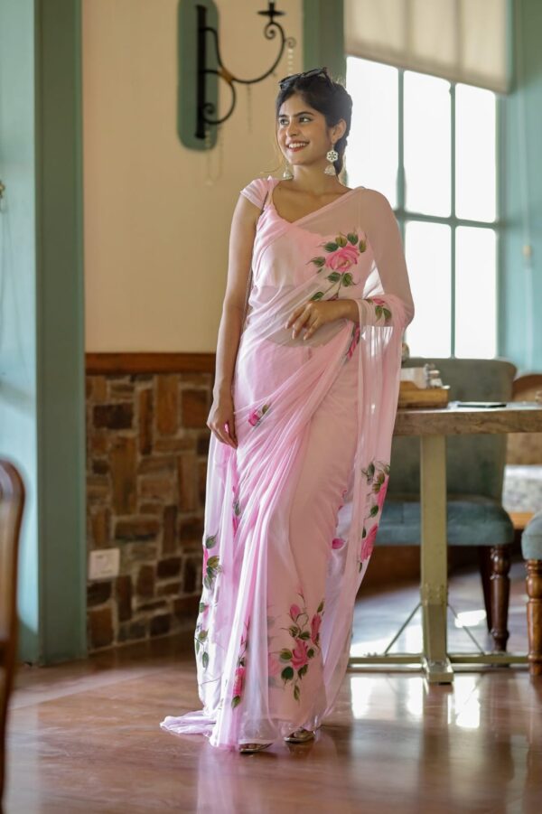Pastel Pink Ready-to-Wear Floral Georgette Saree with Unstitched Blouse - Image 7