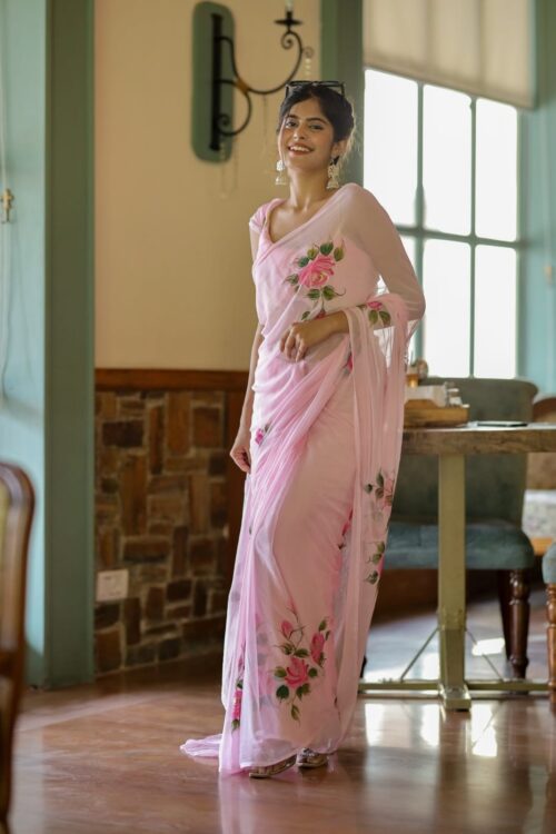 Pastel Pink Ready-to-Wear Floral Georgette Saree with Unstitched Blouse