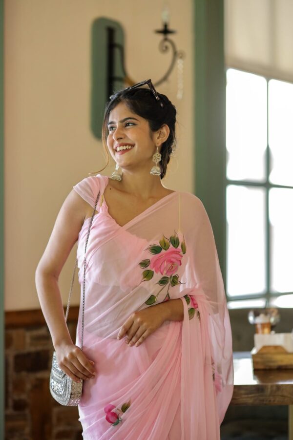 Pastel Pink Ready-to-Wear Floral Georgette Saree with Unstitched Blouse - Image 8