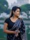 Black Soft Linen Silk Saree with Ethnic Print & Contrast Borde