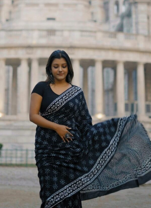 Black Soft Linen Silk Saree with Ethnic Print & Contrast Borde - Image 4