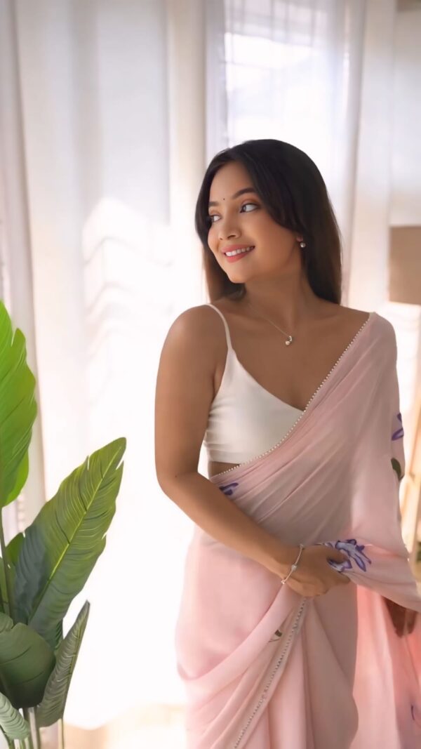 Blush Pink Georgette Ready-to-Wear Saree with White Unstitched Blouse - Image 3