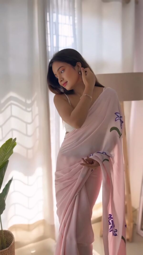 Blush Pink Georgette Ready-to-Wear Saree with White Unstitched Blouse - Image 4