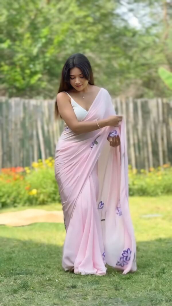 Blush Pink Georgette Ready-to-Wear Saree with White Unstitched Blouse - Image 6