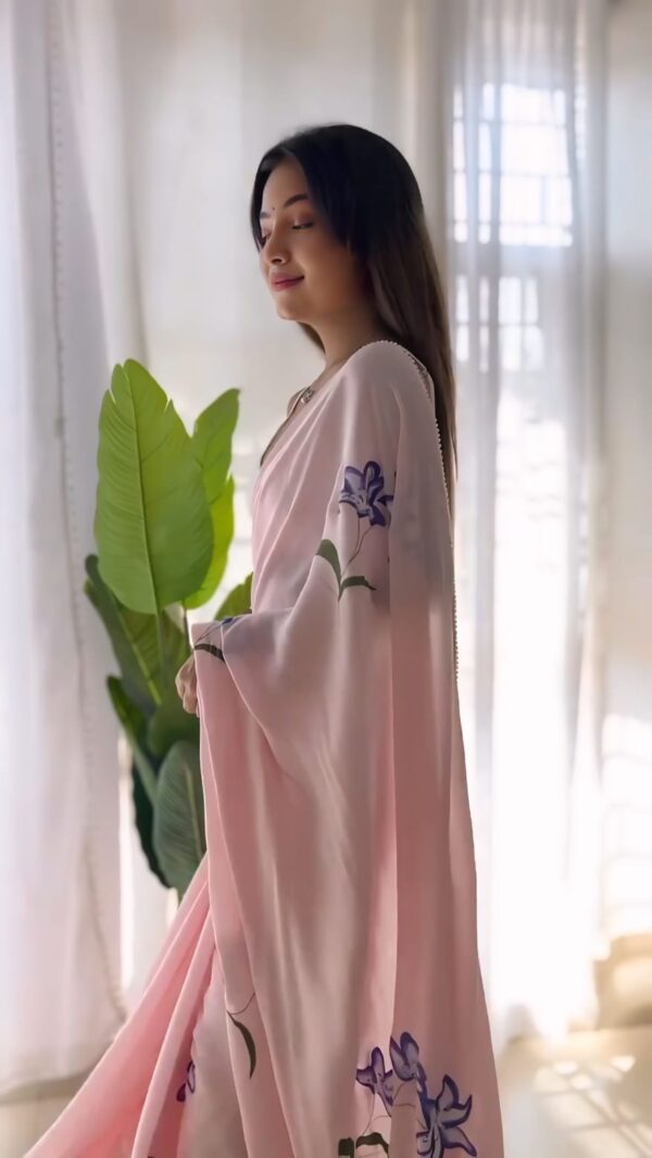 Blush Pink Georgette Ready-to-Wear Saree with White Unstitched Blouse - Image 5