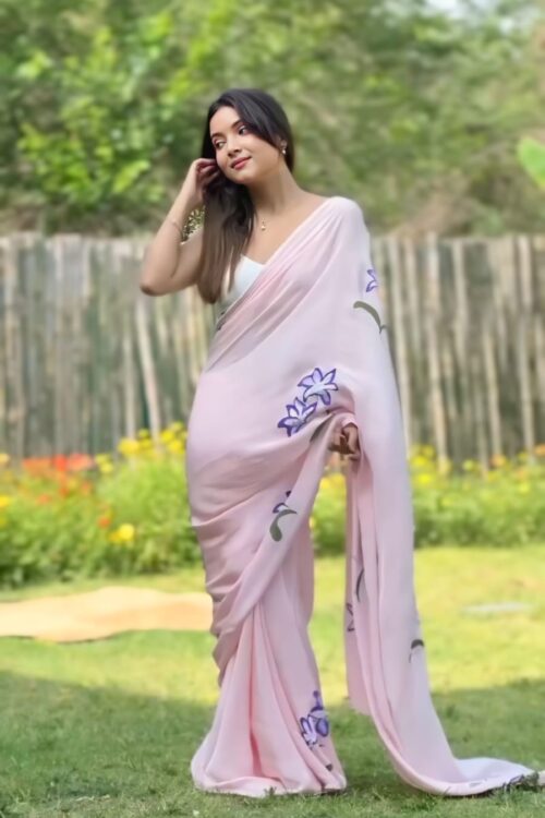 Blush Pink Georgette Ready-to-Wear Saree with White Unstitched Blouse