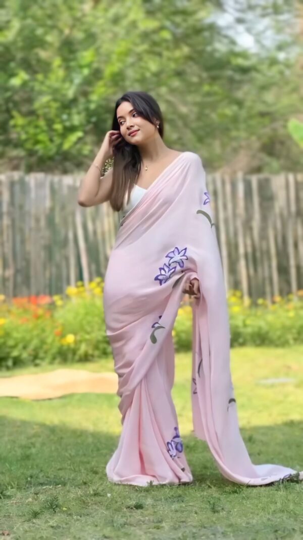 Blush Pink Georgette Ready-to-Wear Saree with White Unstitched Blouse