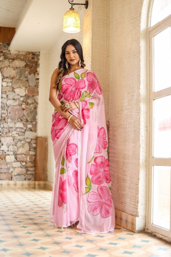 Blush Pink Floral Georgette Ready-to-Wear Saree with White Unstitched Blouse - Image 3