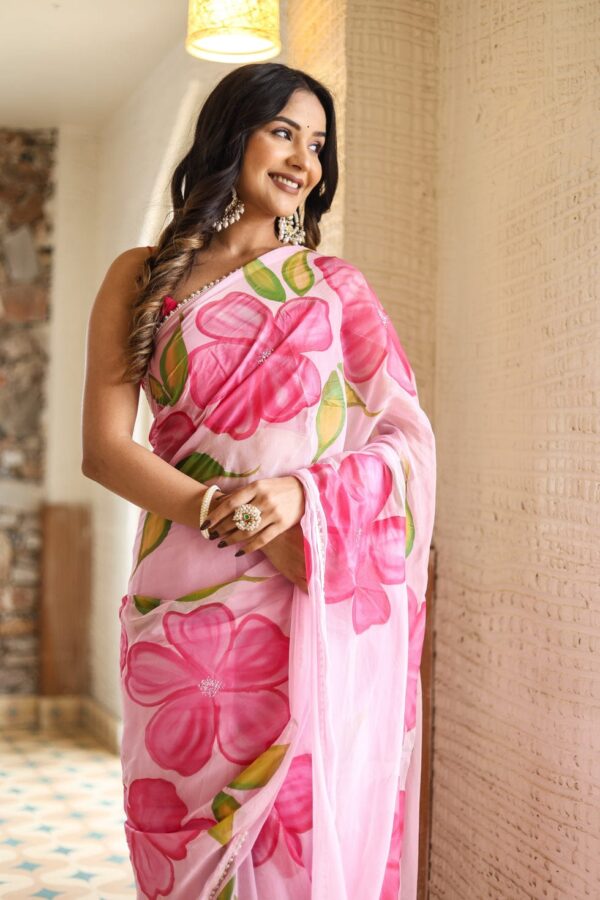 Blush Pink Floral Georgette Ready-to-Wear Saree with White Unstitched Blouse