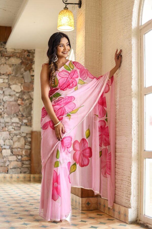 Blush Pink Floral Georgette Ready-to-Wear Saree with White Unstitched Blouse - Image 4