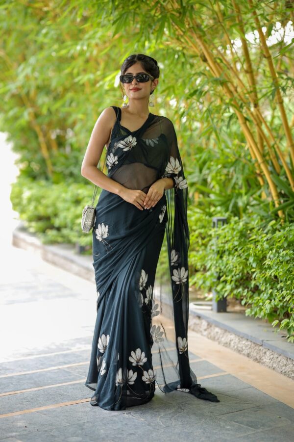 Elegant Black Floral Georgette Saree with Unstitched Blouse – Sheer Party Wear for Modern Evenings - Image 6