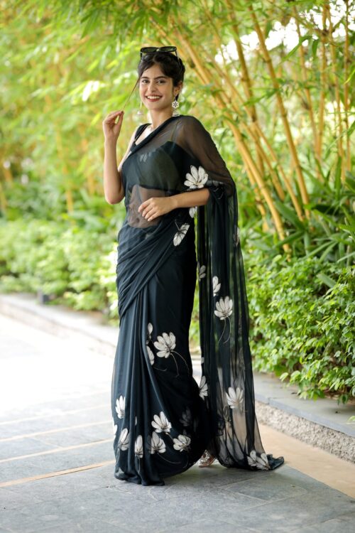 Elegant Black Floral Georgette Saree with Unstitched Blouse – Sheer Party Wear for Modern Evenings