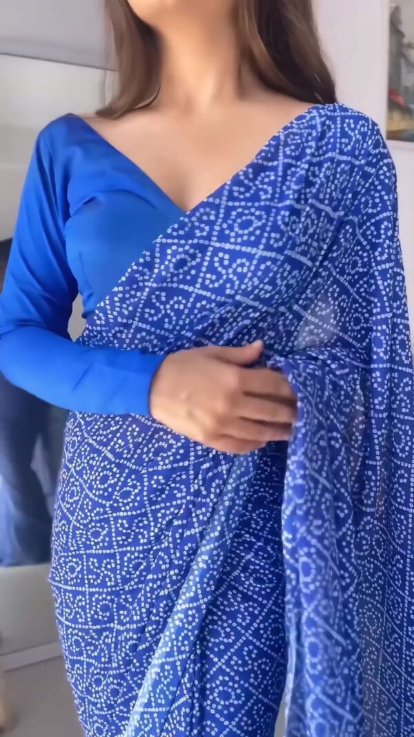 Elegant Ready-to-Wear Blue Bandhani Georgette Saree with Unstitched Blouse Piece - Image 4