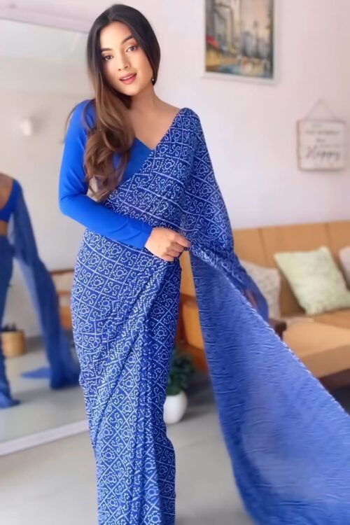 Elegant Ready-to-Wear Blue Bandhani Georgette Saree with Unstitched Blouse Piece