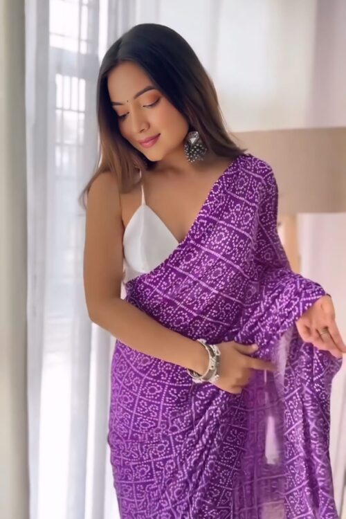 Ready-to-Wear Purple Bandhani Georgette Saree with Unstitched Blouse Piece