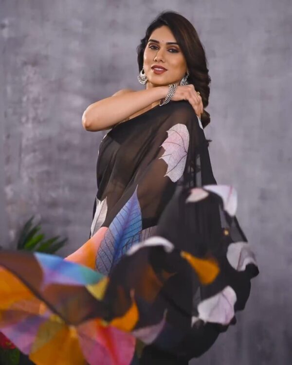 Elegant Black Georgette Ready-to-Wear Saree Multicolor Leaf Digital Print with Unstitched Blouse - Image 2