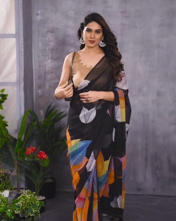 Elegant Black Georgette Ready-to-Wear Saree Multicolor Leaf Digital Print with Unstitched Blouse - Image 7