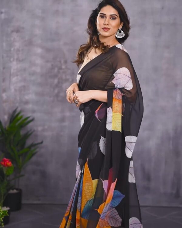 Elegant Black Georgette Ready-to-Wear Saree Multicolor Leaf Digital Print with Unstitched Blouse - Image 4