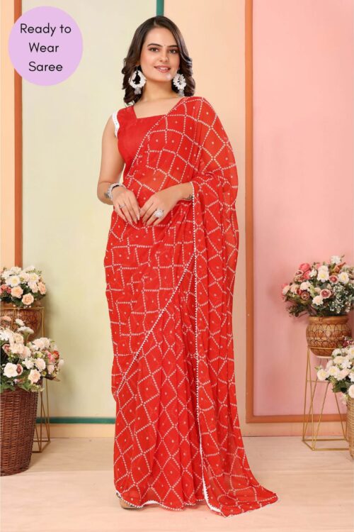 Vibrant Orange Bandhani Ready-to-Wear Georgette Saree with Unstitched Blouse Piece