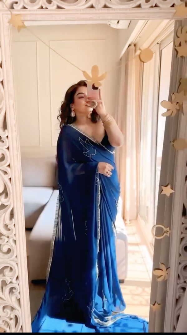 Navy Blue Ready-to-Wear Saree with Chic Bird Embroidery & Sequin Border – Effortless Elegance for Every Occasion - Image 6