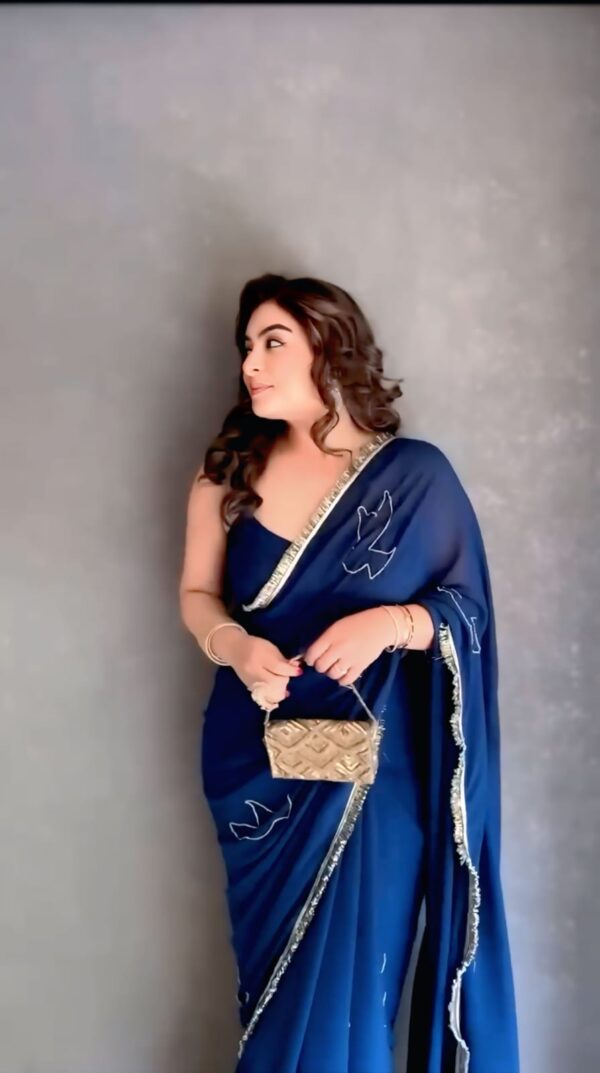 Navy Blue Ready-to-Wear Saree with Chic Bird Embroidery & Sequin Border – Effortless Elegance for Every Occasion