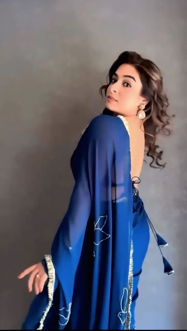 Navy Blue Ready-to-Wear Saree with Chic Bird Embroidery & Sequin Border – Effortless Elegance for Every Occasion - Image 3