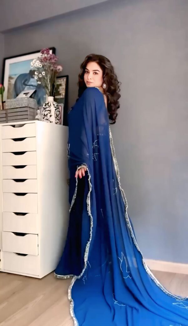 Navy Blue Ready-to-Wear Saree with Chic Bird Embroidery & Sequin Border – Effortless Elegance for Every Occasion - Image 2