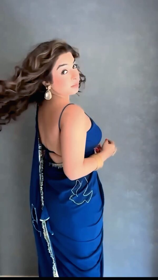 Navy Blue Ready-to-Wear Saree with Chic Bird Embroidery & Sequin Border – Effortless Elegance for Every Occasion - Image 4