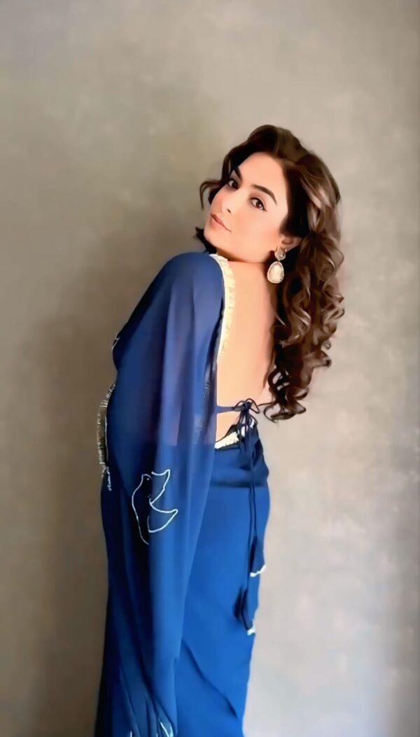 Navy Blue Ready-to-Wear Saree with Chic Bird Embroidery & Sequin Border – Effortless Elegance for Every Occasion - Image 5