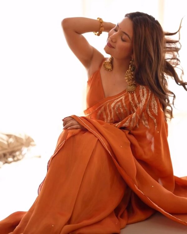 Burnt Orange Ready-to-Wear Malai Satin Saree with Elegant Sequin Border – Luxe Festive & Party Wear - Image 7