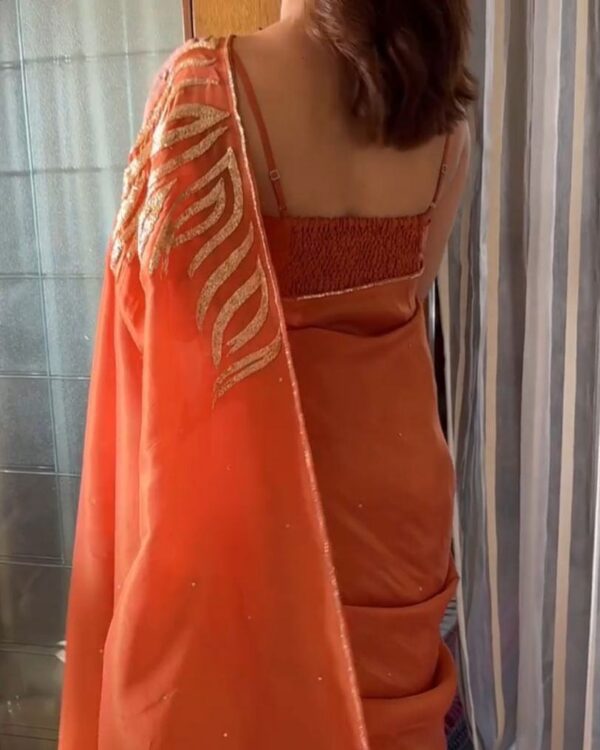 Burnt Orange Ready-to-Wear Malai Satin Saree with Elegant Sequin Border – Luxe Festive & Party Wear - Image 2