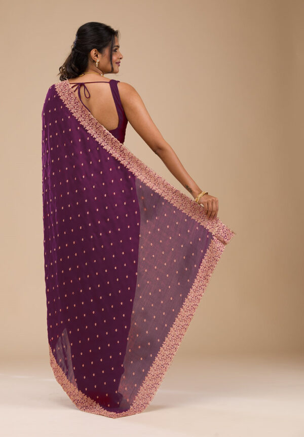 Wine Chinon Saree with Rose Gold Zari Embroidery – Elegant Party & Festive Wear - Image 3