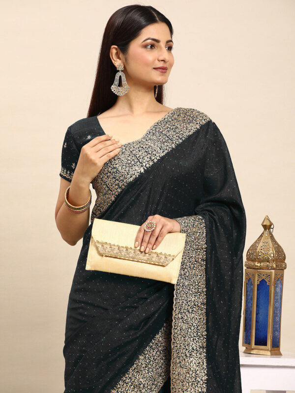 Black Chinon Party Wear Saree with Heavy Embroidery & Swarovski Stone Work - Image 5