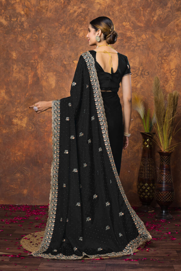 Classic Black Chinon Embroidered with Swarovski Designer Border Party Wear Saree - Image 2