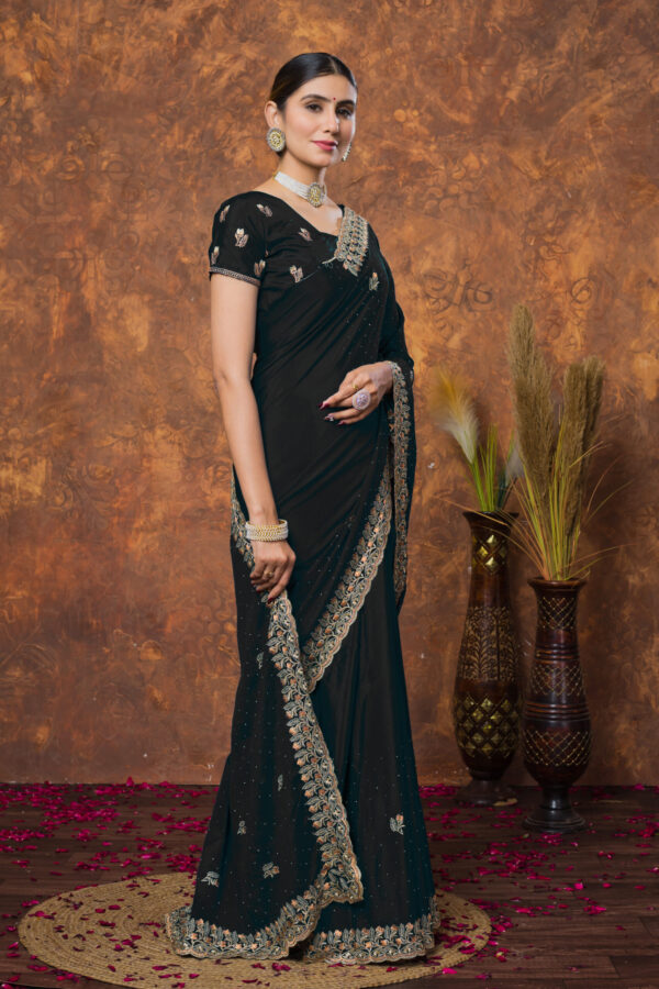 Classic Black Chinon Embroidered with Swarovski Designer Border Party Wear Saree - Image 4